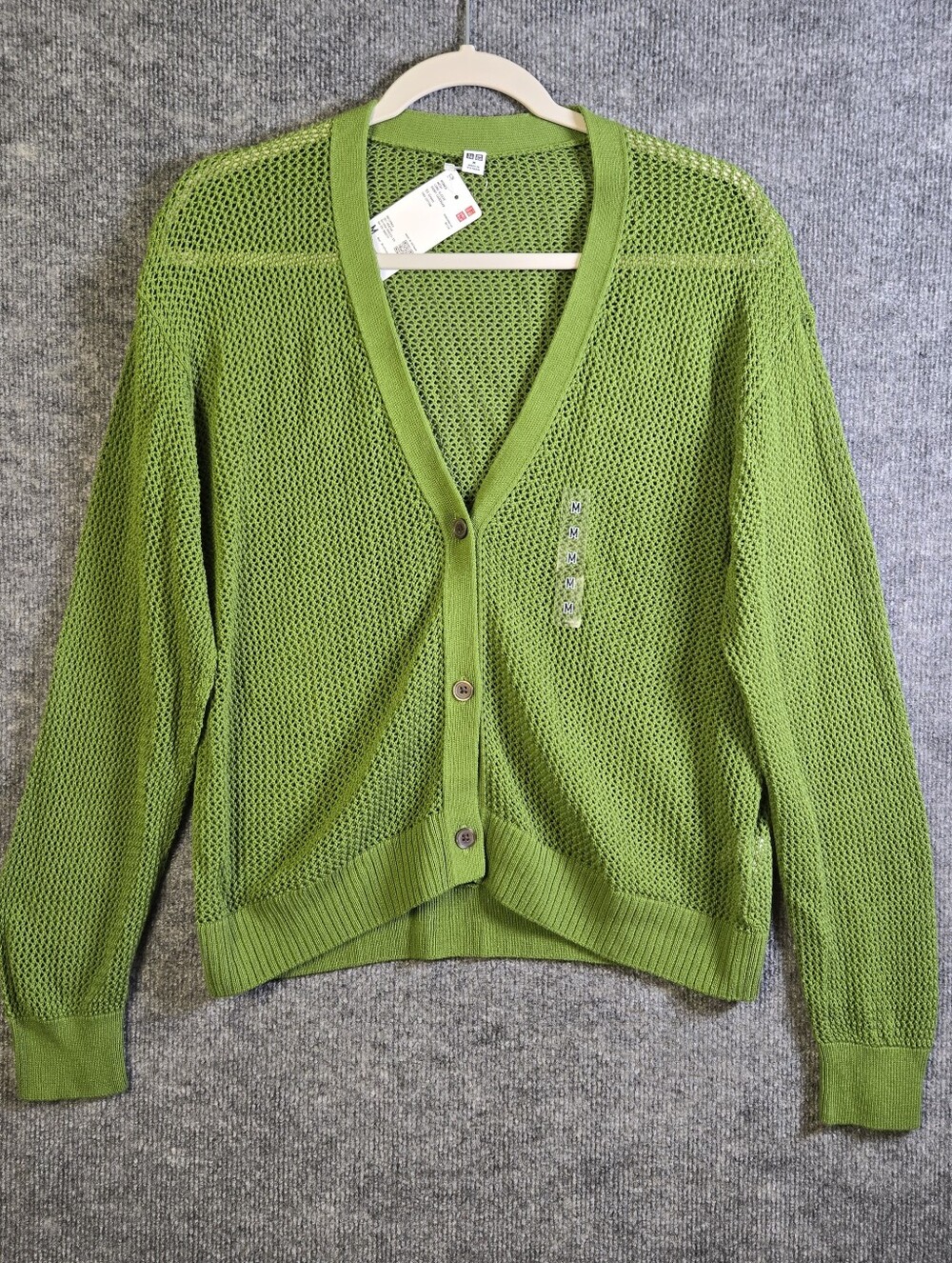 Uniqlo Sweater Womens M Green Long Sleeve Open Knit Mesh Short Cardigan New